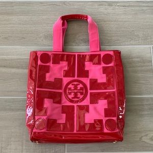 Tory Burch red patent leather and pink canvas tote.